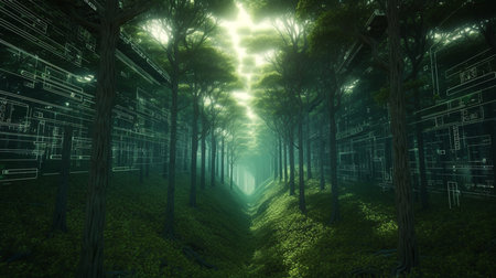 A virtual forest filled with trees made of circuit boards and leaves of binary code, representing the intersection of technology and environment, an evolution of cybernetic ecology.の素材