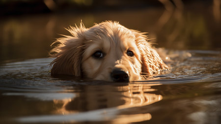 A joyful, action-packed photograph captures a Golden Retriever puppy's first swim in a calm lake, its fur glistening in the afternoon sun.の素材