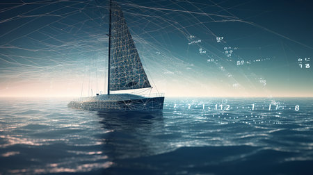 A modern, sleek yacht sailing on an ocean made of binary code waves, depicting the journey through big data in the digital era.の素材