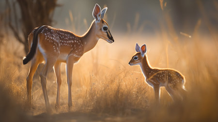 A heartwarming, intimate photograph documents a newborn Gazelle fawn taking its first tentative steps on the African grasslands, under the tender watch of its mother.の素材
