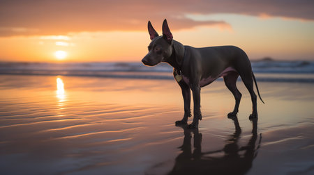 A mesmerizing, high-resolution photograph captures a Peruvian Hairless Dog, a rare dog breed, during a sunset stroll on a Pacific beach, reflecting its peaceful and calm demeanor.の素材