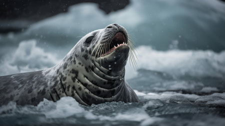 A stirring, sound-optimized photograph perfectly captures a baby Elephant Seal's first call in the icy landscapes of the Antarctic, its voice echoing across the expanse.の素材
