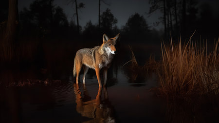 A haunting, high-resolution photograph captures a Red wolf during a moonlit howl in the heart of the American wetlands, underlining its haunting beauty and endangered status.の素材