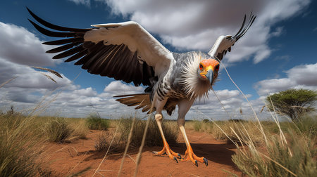 A dynamic, wide-angle photograph showcases a secretary bird during a kick in the African savannah, emphasizing its unique hunting technique and striking appearance.の素材