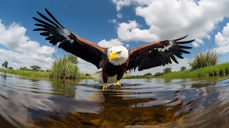 A stunning, wide-angle photograph showcases an African Fish Eagle during a strike in a Serengeti Lake, emphasizing its sharp talons and excellent fishing ability.の素材