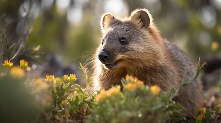 A heartwarming, high-resolution photograph captures a quokka during a contented munch on a sunny meadow, emphasizing its cheerful disposition and plant-based diet.の素材