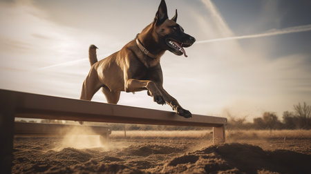 A dynamic, action-packed photograph captures a Belgian Malinois in the midst of agility training, deftly clearing hurdles in a wide-open field.の素材