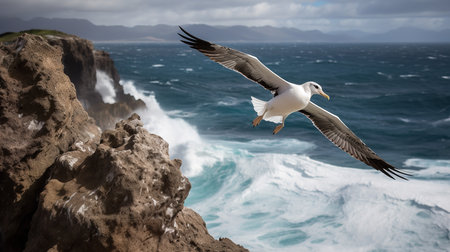 A poignant, high-speed photograph captures a baby Albatross learning to fly, its large wings catching the ocean breeze off the rocky cliffs.の素材