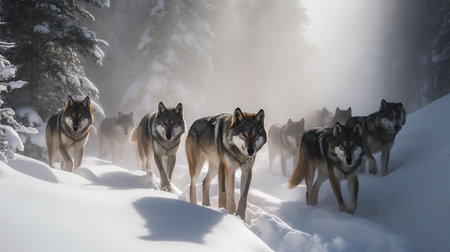 A dynamic, high-resolution photograph captures a wolf pack during a coordinated hunt in the snowy wilderness, underlining their strategic instincts and survival skills.の素材