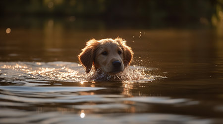 A joyful, action-packed photograph captures a Golden Retriever puppy's first swim in a calm lake, its fur glistening in the afternoon sun.の素材