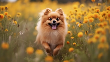 A heartwarming, high-resolution photograph captures a Pomeranian during a joyous romp in a flower meadow, highlighting its fluffy coat and energetic nature.の素材