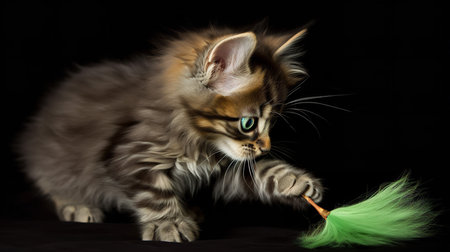 A lively, action-packed photograph captures a Maine Coon kitten's first pounce on a feather toy, its green eyes focused intently on its target.の素材