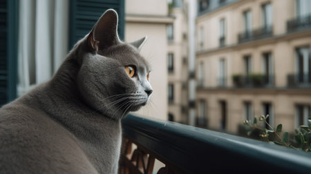 A poignant, high-resolution photograph showcases a Chartreux, a rare cat breed, in a contemplative stance on a classic Parisian balcony, underlining its thoughtful and quiet demeanor.の素材