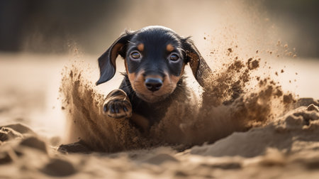 An engaging, action-packed photograph captures a Dachshund puppy's first dig in the sand, its snout and paws dusted with grains.の素材
