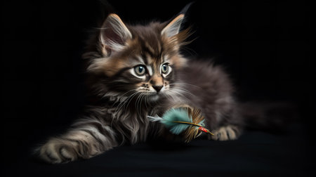 A lively, action-packed photograph captures a Maine Coon kitten's first pounce on a feather toy, its green eyes focused intently on its target.の素材