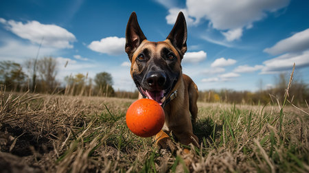 A playful, wide-angle photograph presents a Belgian Malinois puppy during playtime, chasing a colorful ball across the field with boundless energy.の素材