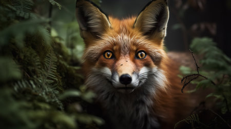 A haunting, close-up photograph portrays a Red fox with an intense gaze, captured amidst the dense undergrowth of a European forest.の素材