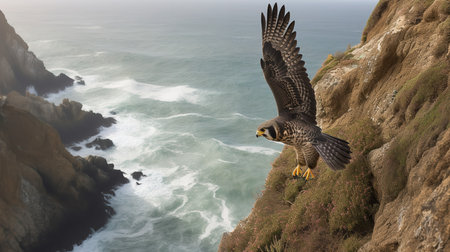 A thrilling, high-resolution photograph captures a Peregrine falcon during a swift dive in a coastal cliffside, emphasizing its unparalleled speed and hunting prowess.の素材