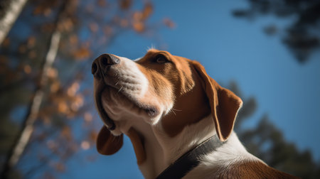 A touching, close-up photograph portrays a Beagle puppy's first howl at the backyard, its snout pointed towards the clear blue sky.の素材