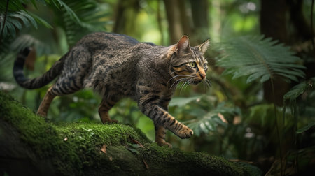 An action-packed, high-resolution photograph captures a Caracat, a rare cat breed, during a bold leap amidst the vibrant foliage of a rainforest ambiance, highlighting its wild instincts and athleticism.の素材