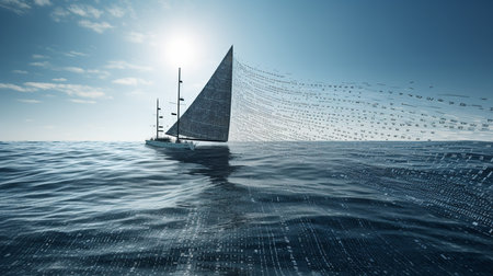 A modern, sleek yacht sailing on an ocean made of binary code waves, depicting the journey through big data in the digital era.の素材