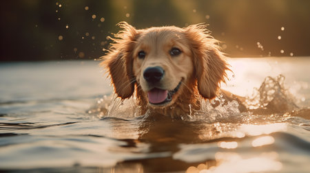 A joyful, action-packed photograph captures a Golden Retriever puppy's first swim in a calm lake, its fur glistening in the afternoon sun.の素材