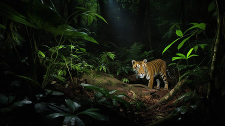 An eerie, high-resolution photograph offers a final glimpse of a Javan Tiger in the dense Indonesian Rainforest, a species recently lost to extinction.の素材