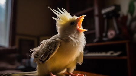 An endearing, sound-optimized photograph captures a Cockatiel chick's first song in the cozy living room, its crest feathers raised in excitement.の素材