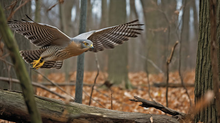 A thrilling, high-resolution photograph captures a Goshawk during an ambush in a deciduous forest, highlighting its precise flight maneuvering and ambush hunting style.の素材