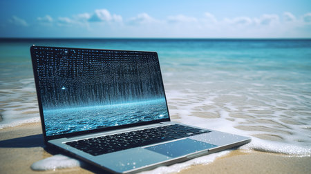 A minimalist depiction of a sleek laptop on a virtual beach, its screen reflecting an ocean made of binary code, capturing the essence of digital nomadism.の素材