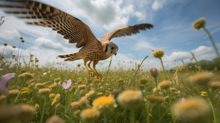 A striking, wide-angle photograph showcases a kestrel during a hover in a springtime meadow, emphasizing its remarkable flight control and hunting efficiency.の素材