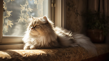 A serene, wide-angle photograph showcases a Persian cat during a leisurely nap in a sunny window, emphasizing its lush fur and relaxed demeanor.の素材