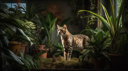 A dynamic, wide-angle photograph showcases a Serengeti, a rare cat breed, during a playful hunt in a lush indoor jungle of potted plants, emphasizing its playful and lively spirit.の素材