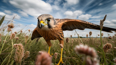 A striking, wide-angle photograph showcases a kestrel during a hover in a springtime meadow, emphasizing its remarkable flight control and hunting efficiency.の素材