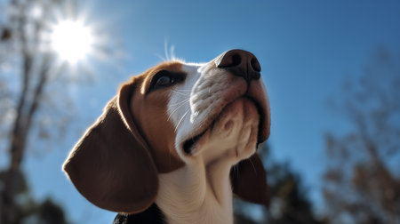 A touching, close-up photograph portrays a Beagle puppy's first howl at the backyard, its snout pointed towards the clear blue sky.の素材