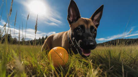 A playful, wide-angle photograph presents a Belgian Malinois puppy during playtime, chasing a colorful ball across the field with boundless energy.の素材