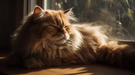 A serene, wide-angle photograph showcases a Persian cat during a leisurely nap in a sunny window, emphasizing its lush fur and relaxed demeanor.の素材
