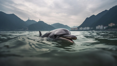A poignant, wide-angle photograph captures the last known Baiji Dolphin swimming in the Yangtze River, a sobering representation of a species lost to extinction.の素材