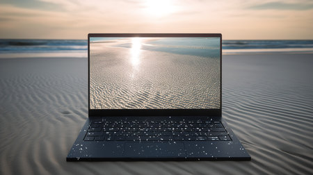 A minimalist depiction of a sleek laptop on a virtual beach, its screen reflecting an ocean made of binary code, capturing the essence of digital nomadism.の素材