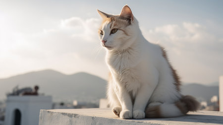 A stunning, high-resolution photograph showcases an Aegean, a rare cat breed, in a majestic stance atop a traditional Greek rooftop, underlining its confident and regal nature.の素材