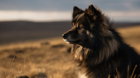 A poignant, high-resolution photograph portrays a Finnish Lapphund, a rare dog breed, offering a serene gaze upon the vast expanse of the Arctic tundra, reflecting its calm and wise nature.の素材