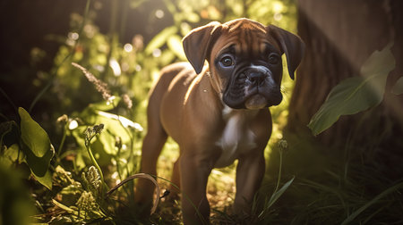 A heartwarming, high-resolution photograph captures a Boxer puppy's first steps in a sunlit garden, its small paws clumsily navigating the green grass.の素材