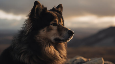 A poignant, high-resolution photograph portrays a Finnish Lapphund, a rare dog breed, offering a serene gaze upon the vast expanse of the Arctic tundra, reflecting its calm and wise nature.の素材