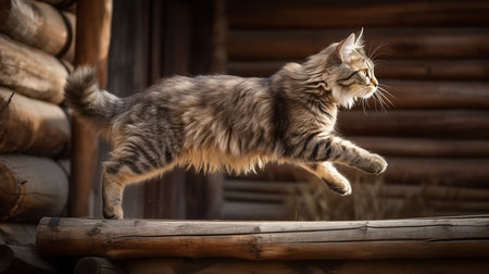 An action-packed, high-resolution photograph showcases a Kurilian Bobtail, a rare cat breed, during a graceful leap across a rustic Russian dacha, emphasizing its agility and playful nature.の素材