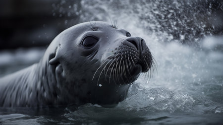 A stirring, sound-optimized photograph perfectly captures a baby Elephant Seal's first call in the icy landscapes of the Antarctic, its voice echoing across the expanse.の素材