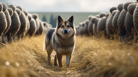 A stunning, high-resolution photograph captures a Swedish Vallhund, a rare dog breed, demonstrating its herding prowess in the serene Nordic countryside.の素材