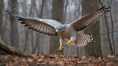 A thrilling, high-resolution photograph captures a Goshawk during an ambush in a deciduous forest, highlighting its precise flight maneuvering and ambush hunting style.の素材