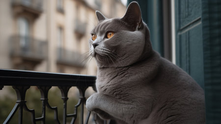 A poignant, high-resolution photograph showcases a Chartreux, a rare cat breed, in a contemplative stance on a classic Parisian balcony, underlining its thoughtful and quiet demeanor.の素材