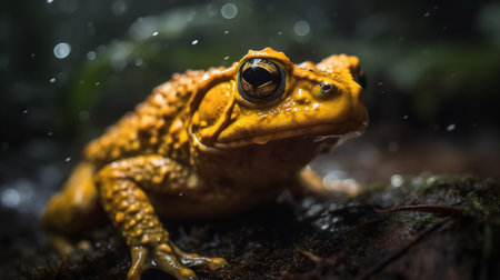 An eerie, close-up photograph documents the final Golden Toad in its natural habitat of the Costa Rican misty forest, a sorrowful symbol of a species lost to extinction.の素材