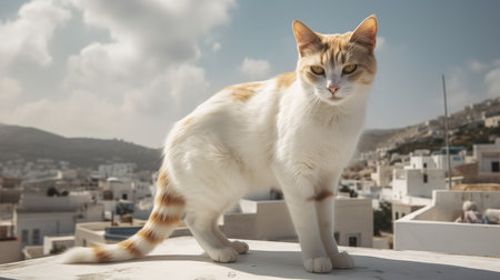 A stunning, high-resolution photograph showcases an Aegean, a rare cat breed, in a majestic stance atop a traditional Greek rooftop, underlining its confident and regal nature.の素材